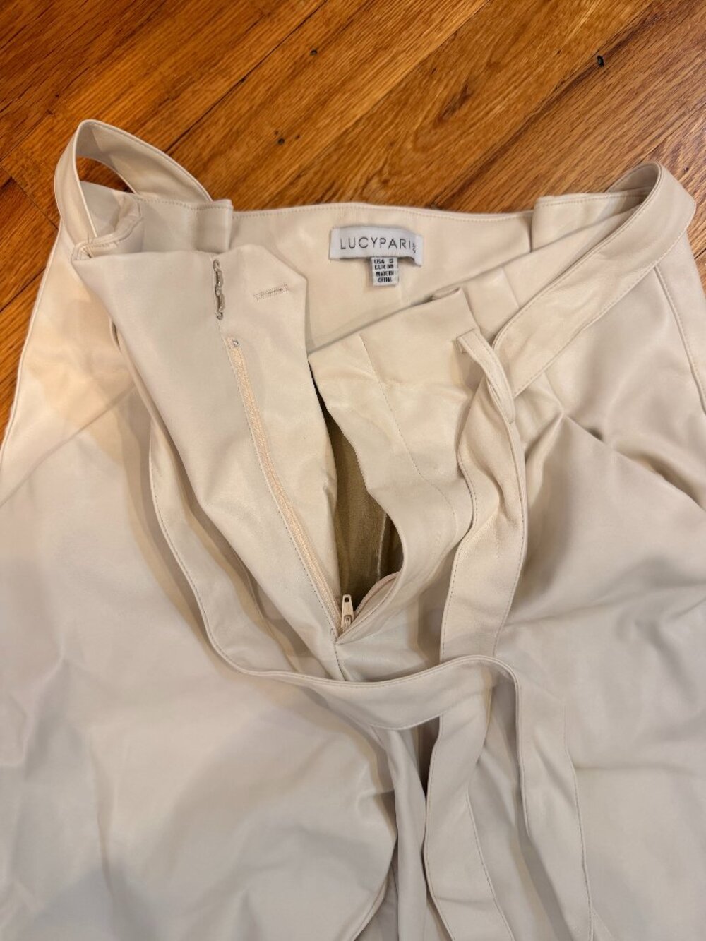 Cream Faux Leather Paper Bag Pants